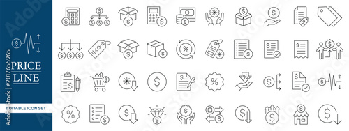 Cuadro en lienzo Price Line Icons Set, Discount Pricing Payment Ecommerce Outline Vector Collecti