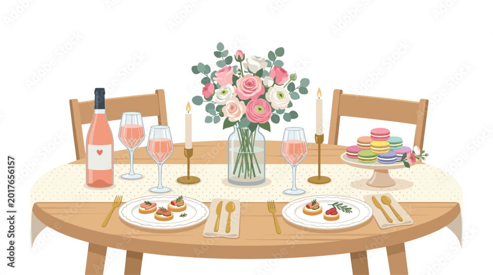 Obraz premium A romantic dinner table is set with two plates of appetizers, a bottle of ros wine, and a bouquet of pastel flowers arranged on a patterned tablecloth indoors.