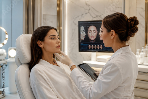 Consultation & Care: A close-up view captures a moment of consultation as a medical professional engages with a client, delving into detailed analysis of facial features. the perfect touch.