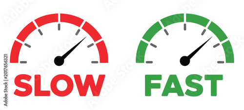 Bild auf Leinwand Speedometers showing slow and fast driving performance, automotive dashboard ind
