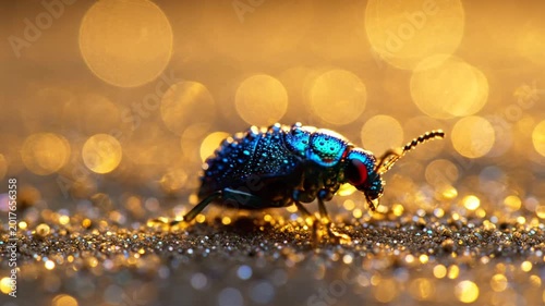 A captivating blue jewel beetle with shimmering dewdrops explores a radiant golden landscape, bathed in sparkling bokeh