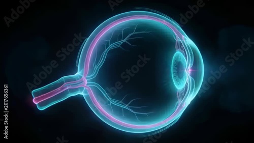 Starting playback eye model rotating at black backdrop, pulsing retinal vessels, showing lens focus