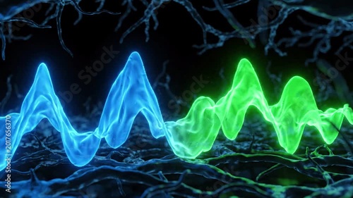 abstract glowing sound wave forms blue and green pulsating energy in dark, digital soundscape, audio visualization, electronic music, rhythm, waveform