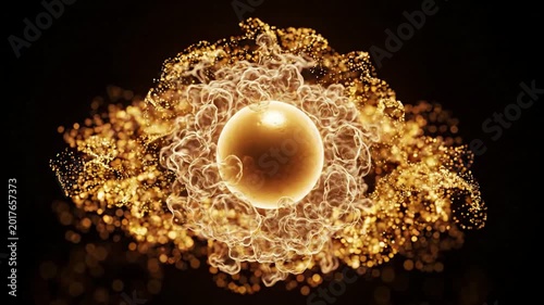 glowing golden energy sphere expanding outwards, abstract particles, dark background, dynamic motion, magical aura, high resolution