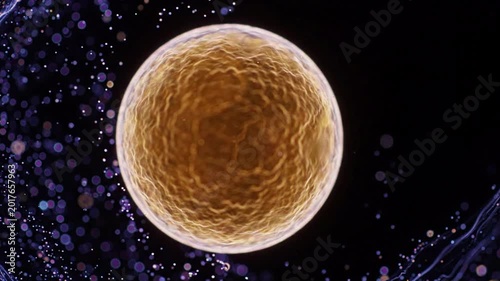 Abstract organic cell nucleus with glowing core and internal structures, particles floating in dark space, scientific biology, medical research, cellular division, life science, abstract background