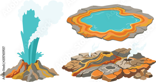 Photos Geothermal features set featuring a geyser erupting, a colorful hot spring, and smoking fumaroles on cracked volcanic ground