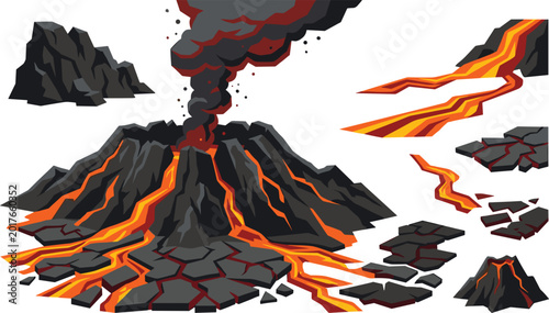 Cuadro en lienzo Volcanic eruption set featuring an active volcano with flowing lava, smoke clouds, magma rivers, and cracked earth