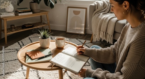 Creative Contemplation: A woman engrossed in journaling, immersed in the tranquil ambiance of a cozy living space, cup of tea by her side.