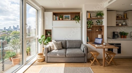 Bright Scandinavian Studio Apartment Interior with Space Saving Furniture and Home Office