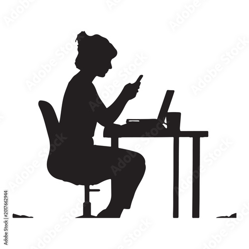 Black silhouette of person sitting at desk using laptop and phone woman
