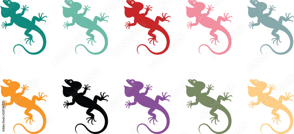 Naklejka premium Colorful Lizard Silhouette Collection White Background, Bright Lizard Silhouette Set Abstract Animal Design
