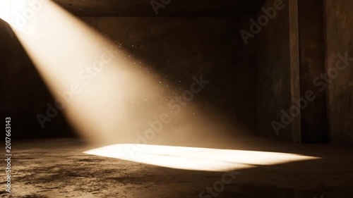 A dramatic shaft of light illuminates a dusty, empty room, casting long shadows on the concrete floor and walls