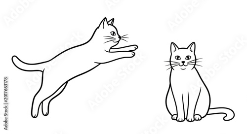 Foto Two cats one jumping one sitting line drawing.