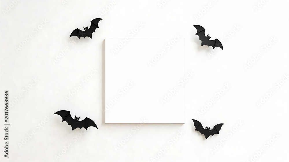 Fototapeta premium Halloween Interior Mockup Blank White Square Wall Art with Flying Bat Ornaments. halloween, mockup, canvas, square, frame, blank, white, wall, bats, black, spooky, decor, poster, interior, minimalist.