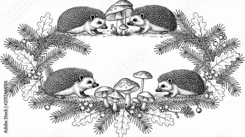 Bild auf Leinwand Hedgehogs in a Christmas wreath scene.