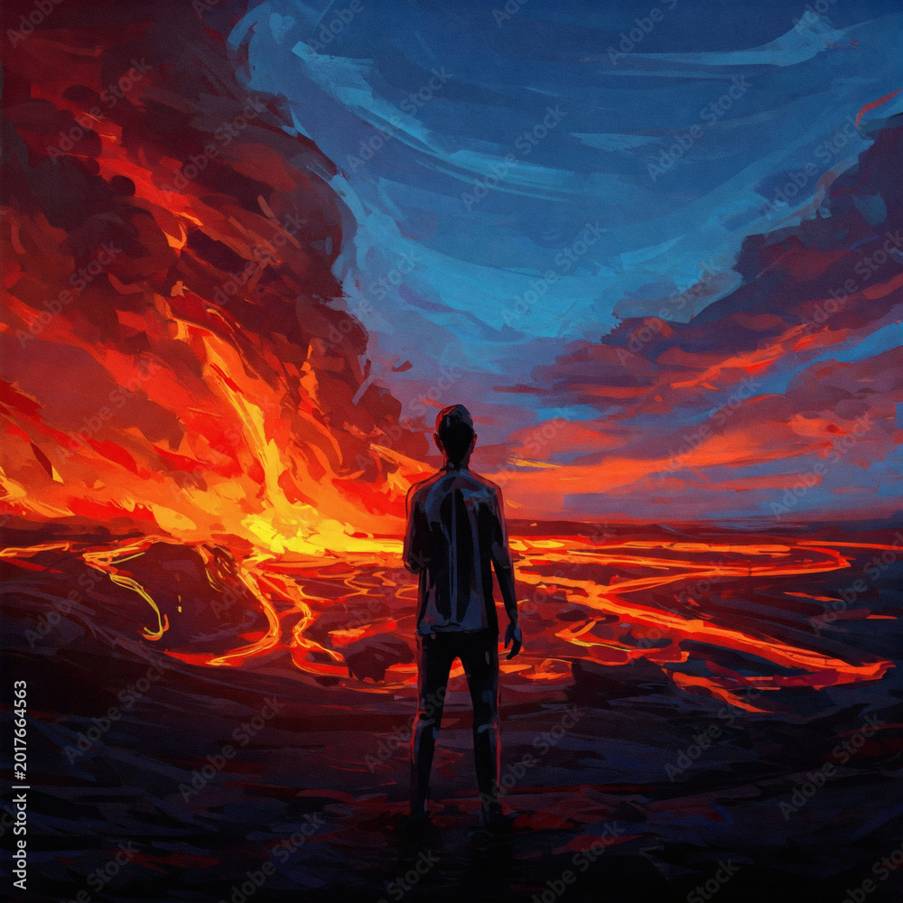 Fototapeta premium Silhouette of man watching dramatic volcano eruption and lava flow painting