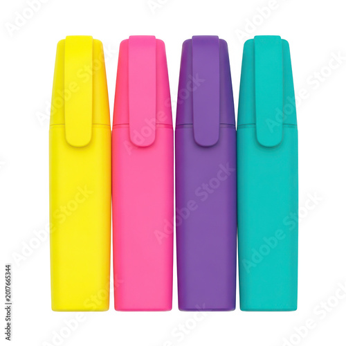 Bright highlighters in neon transparent cases isolated on a transparent background