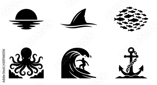 Tableau sur toile Nautical Icon Set: Ocean Sunset, Shark Fin, Fish School, Octopus, Surfer, Anchor