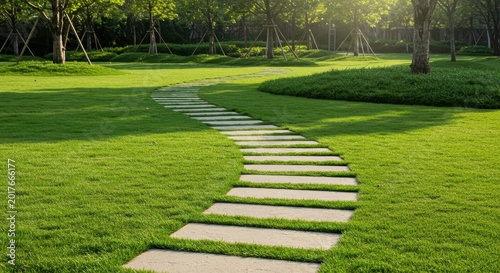 Smooth stone pavement curves gracefully through a well-maintained, lush green landscape of manicured grass under sunlight, pavement, smooth, walkway