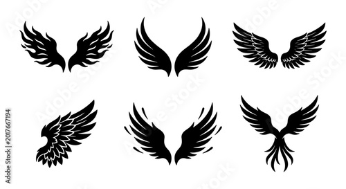 Bild auf Leinwand Set of Six Black Vector Wings, Angelic and Tribal Styles, Tattoo Design Elements