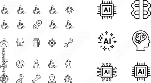 Set of Accessibility and AI Icons Featuring Wheelchair, Disabled Symbols, Brain, and AI Chips for Inclusive Design, Technology, and Healthcare Illustrations