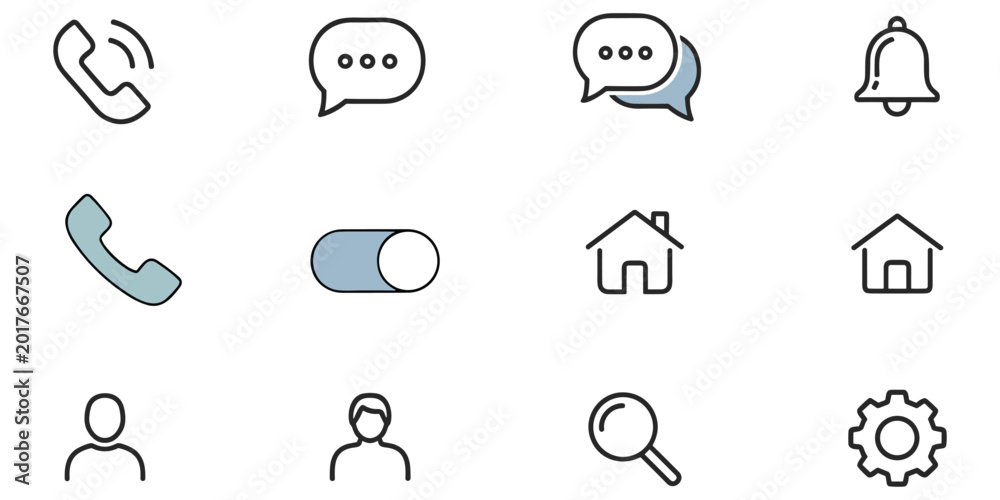 Fototapeta premium Simple outline icon pack for user interface design featuring people communication and system
