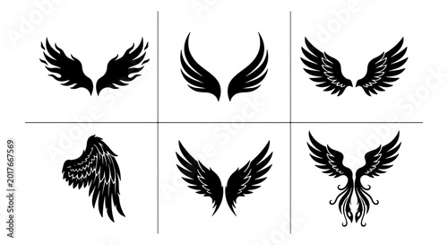 Photos Diverse Wing Silhouettes Collection, Angelic and Tribal Styles, Black Vector Gra