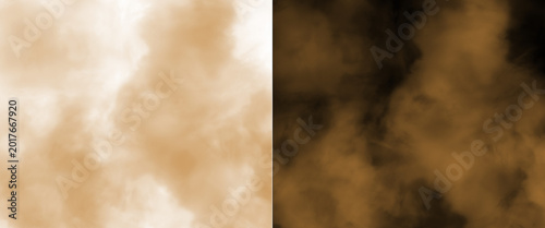 Golden brown smoke texture set, ethereal dust clouds on black and white backgrounds, atmospheric sand storm mist for composite photography and design