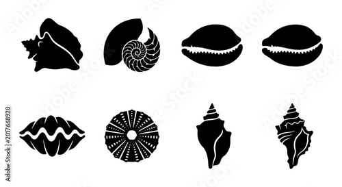 Set of 8 Black Silhouette Seashell Icons, Nautical Marine Life Vector Graphics, Ocean Beach Collection for Coastal Design