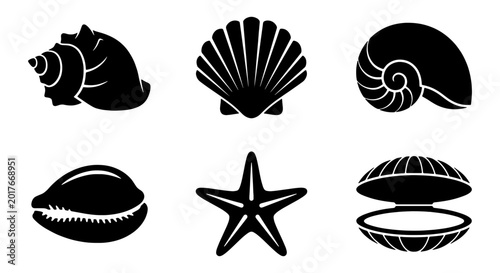 Bild auf Leinwand Set of 6 Black Vector Icons: Seashells, Starfish, and Ocean Mollusks