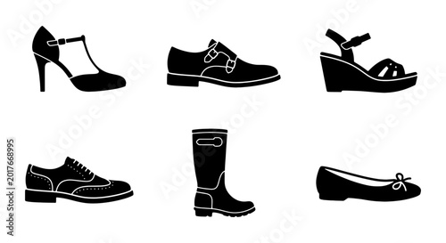 Tableau sur toile Diverse Footwear Collection, Vector Icons: Elegant Heels, Classic Brogues, Moder