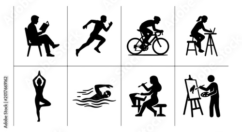 Konstfotografi Diverse Hobby Icons Set: Reading, Running, Cycling, Working, Yoga, Swimming, Cra