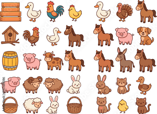 Photography Cute Farm Animal Set Featuring Chickens, Pigs, Horses, Rabbits, and More in Kawa