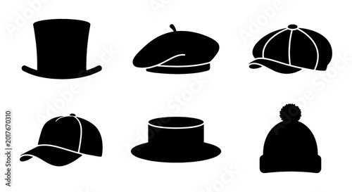 Foto Six Silhouette Hat Icons: Top Hat, Beret, Baseball Cap, Flat Cap, Boater Hat, Be