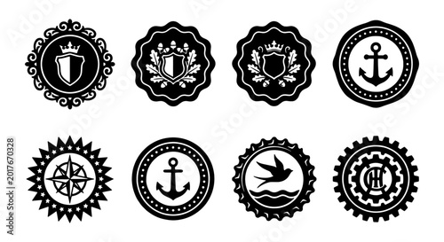 Nautical & Heraldic Emblems Set, Vintage Marine Badges Collection, Retro Crests Vector Icons for Branding and Design
