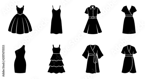 Elegant Black Dress Silhouettes Collection, Fashionable Apparel Icons, Versatile Garment Styles for Design Projects, Vector Set
