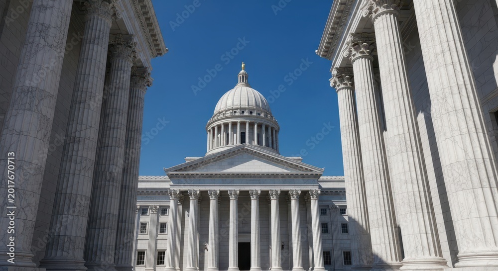 Obraz premium Imposing architectural facade of a massive governmental building featuring towering marble columns and a majestic central dome against blue sky, blue, law, heritage