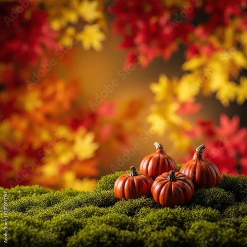 Vibrant autumn foliage surrounding dark orange harvest pumpkins sitting on mossy ground, creating a festive spooky background, spooky, branch, fall