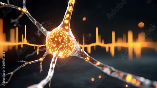 4K 3d render of a glowing neuron cell with electrical impulses and neural network activity on a dark background video