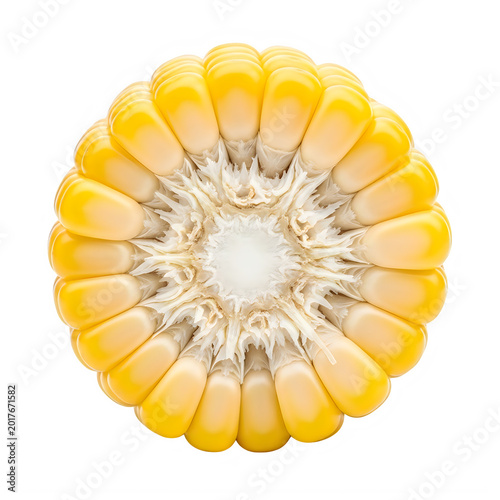 A detailed top-down view of a fresh corn cob slice isolated on a black background.