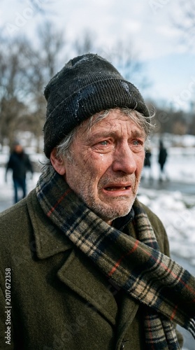Elderly man crying outdoors in winter with snow and blurred figures  