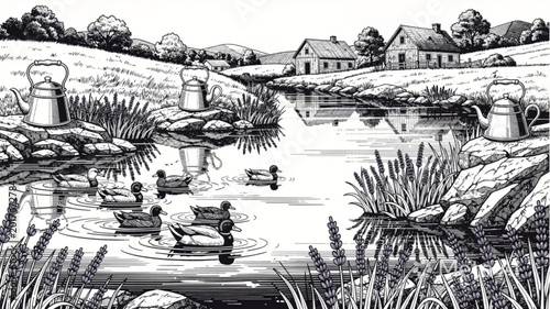 Quadro su tela Ducks swimming in the pond water.