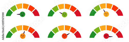 Mood barometer. Colorful scale for measuring opinion. Satisfaction with results, goods, services, maintenance. Online ranking and consumer voting nowaday vector set