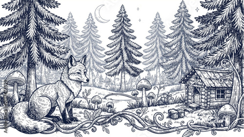 Foto Fox sitting in forest landscape scene.