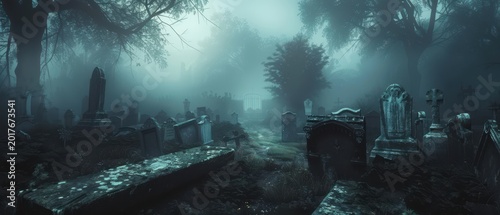 Panoramic Ancient Graveyard with Weathered Tombstones, Twisted Trees, Overgrown Paths, Crosses and Iron Gate