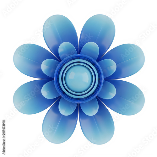 A blue flower with rounded petals and a circular center is shown in a simple design