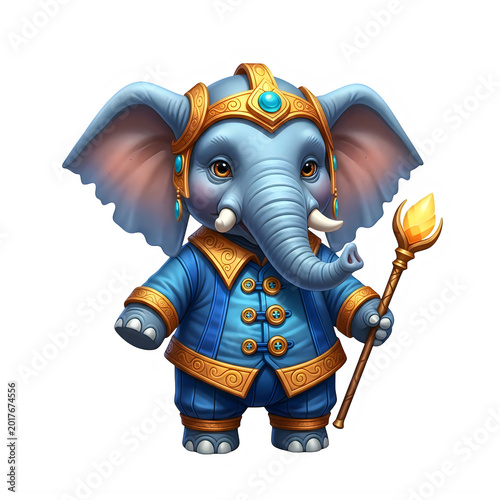 A blue elephant wearing a golden crown and holding a torch standing on white ground slowly