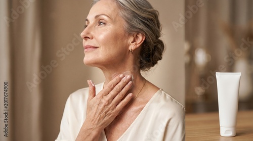 Mature woman applying face cream to her neck in a room