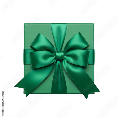 A green gift box with a large ribbon tied around it in a bow shape