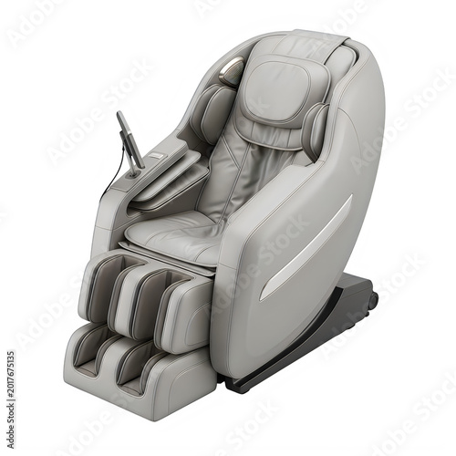 A large gray massage chair with many rollers on the footrest and seat area provided